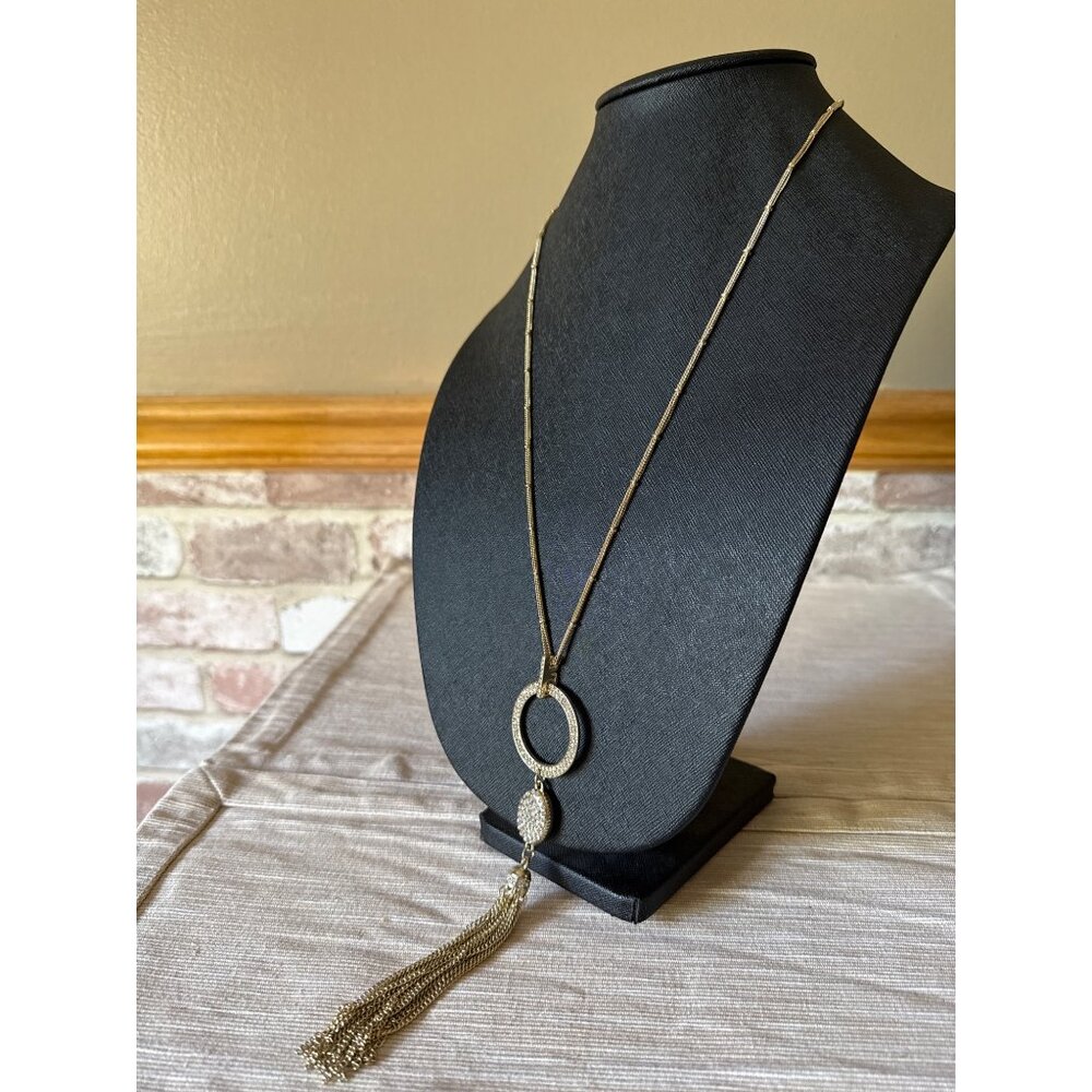 Gold-Tone Long Necklace With Rhinestone Circle Pendant & Tassel by Inc